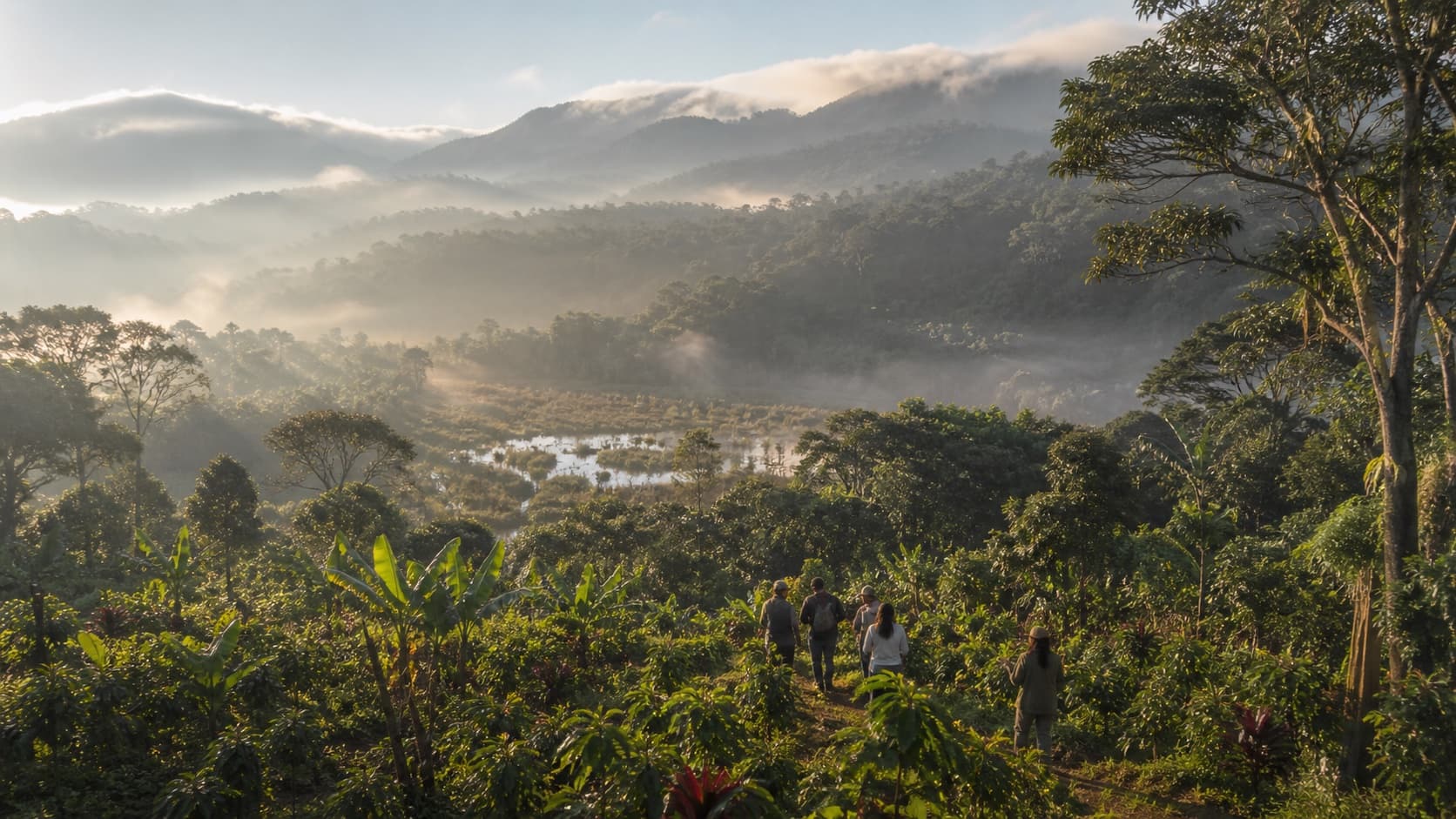 Field teams collaborating across a restored agroforestry and biodiversity landscape