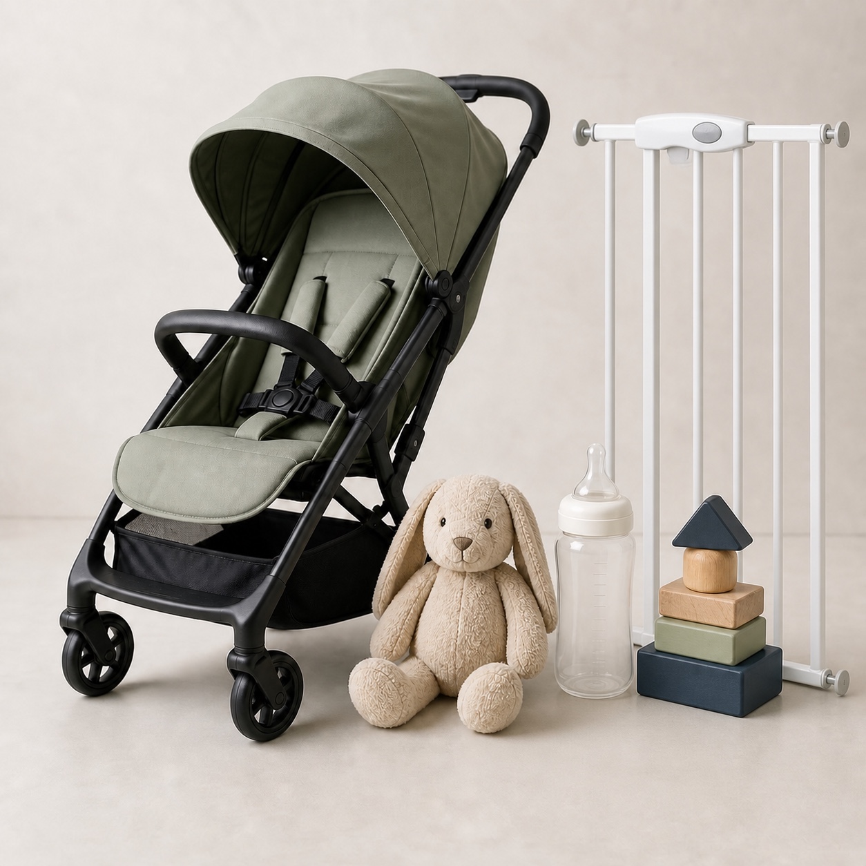 Typical baby and juvenile products including a stroller, bottle, toys and safety gate