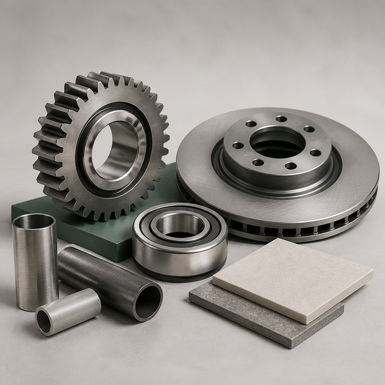 Typical machinery, automotive and building products including gears, bearings, a brake disc, pipes and tiles
