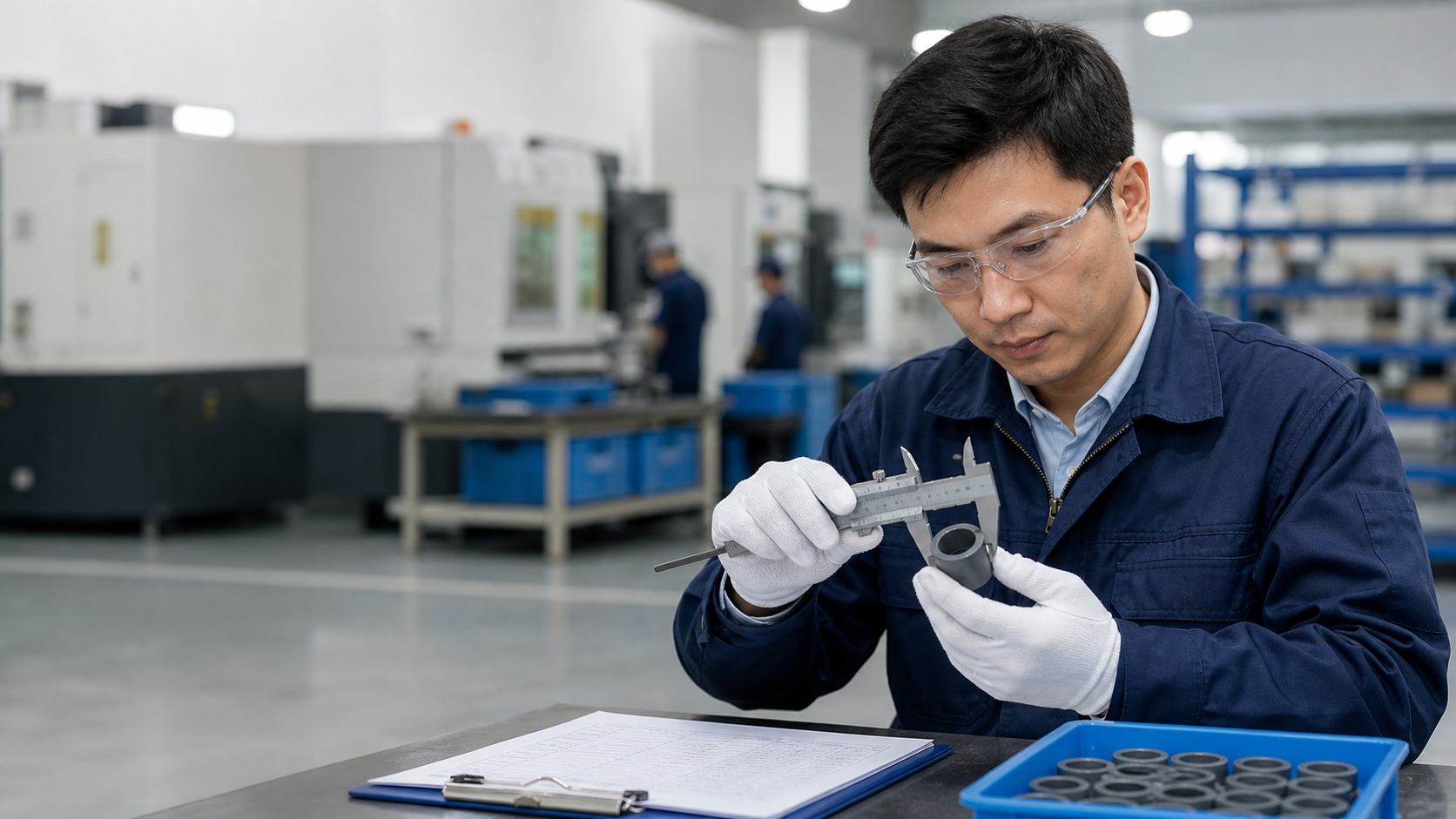 Quality inspector measuring a product component with a caliper in a modern factory