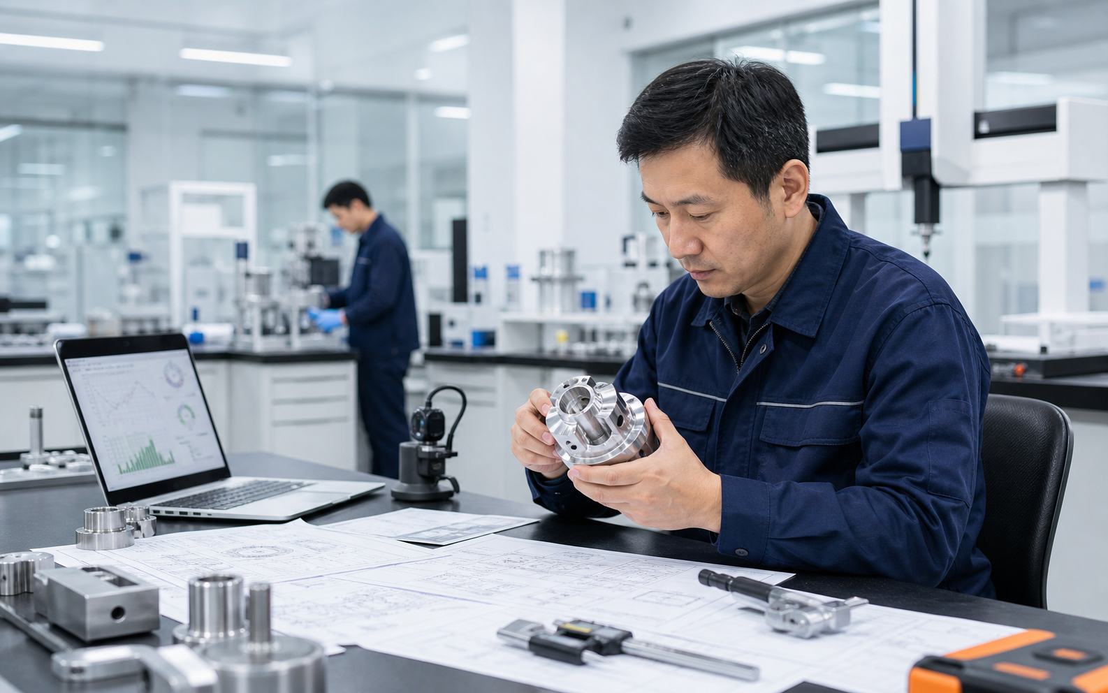 Quality engineer examining a precision component in a laboratory