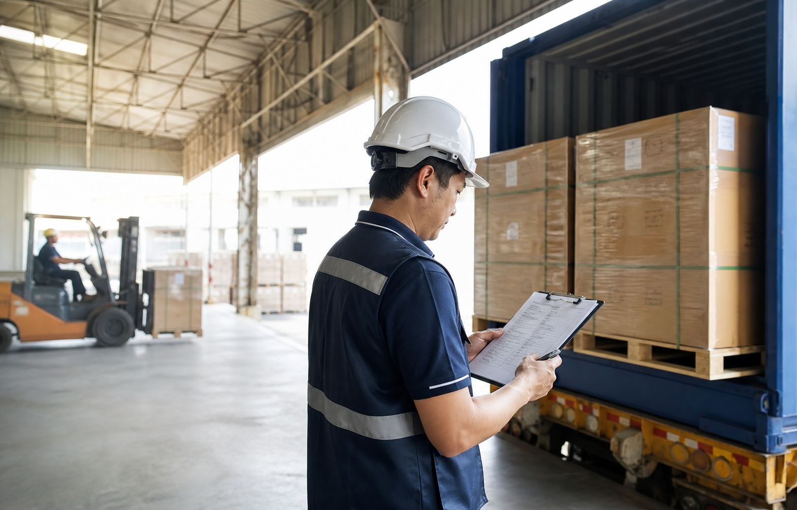 Quality inspector checking palletized cargo being loaded into a shipping container
